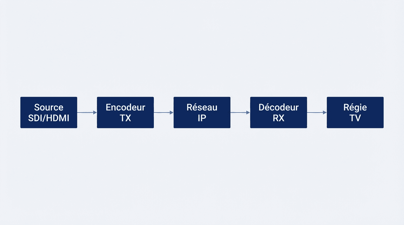 Schéma : Source SDI/HDMI vers Encodeur TX, Réseau IP, Décodeur RX, puis Régie TV