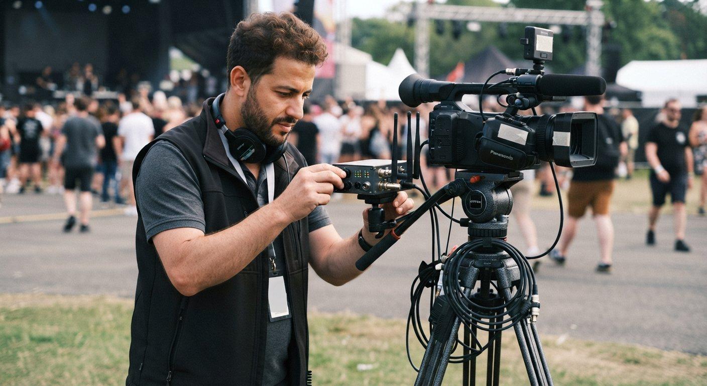 Technicien réglant un encodeur vidéo IP sur le terrain